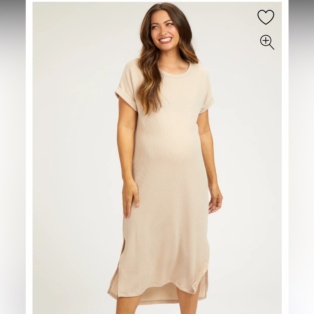 Dress Cream Ribbed Short Sleeve Maternity Midi Size Medium